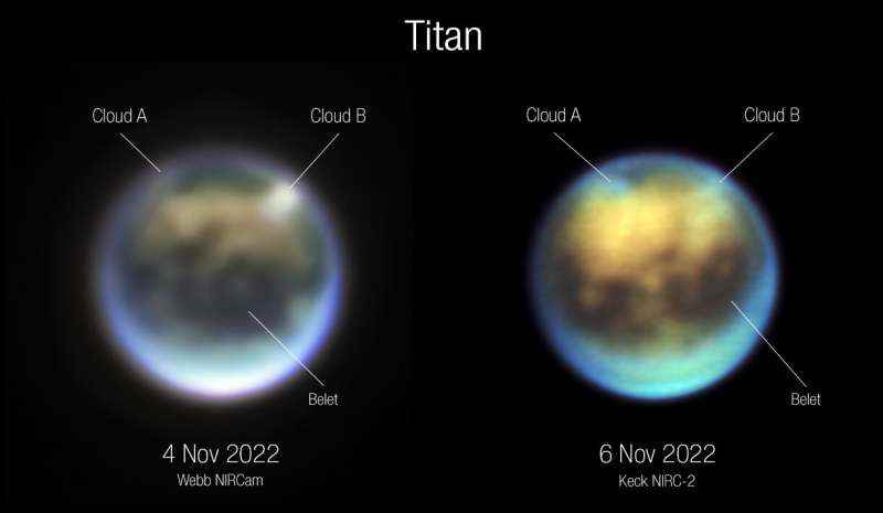 Webb ve Keck teleskopları, Satürn'ün uydusu Titan'daki bulutları izlemek için bir araya geldi