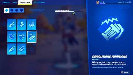 Fortnite artırmaları - ana menüdeki kilidi açılabilir artırma ekranı.  Biri hariç tüm savaş geliştirmelerinin kilidi açıldı ve Yıkım Mühimmatları gösteriliyor.