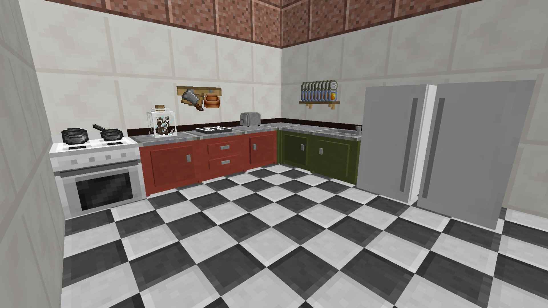 En iyi yemek pişirme oyunları: Minecraft Cooking with Blockheads modunda ocak, bıçak rafı, ekmek kızartma makinesi ve baharatlarla tamamlanmış bir mutfak kurulumu