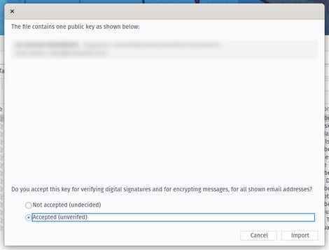 Thunderbird GPG içe aktarma sihirbazı.
