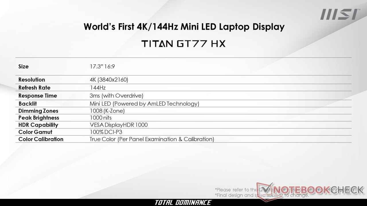 4K 144Hz mini-LED ekrana sahip MSI GT77 oyun dizüstü bilgisayarı için sızdırılmış bir özellik sayfası.