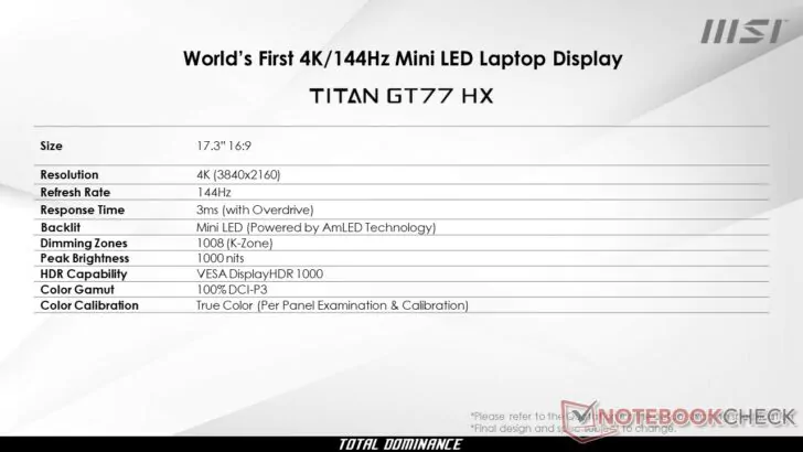 MSI GT77 TITAN dizüstü bilgisayar.  Görüntü kaynağı: VideoCardz aracılığıyla Notebookcheck.