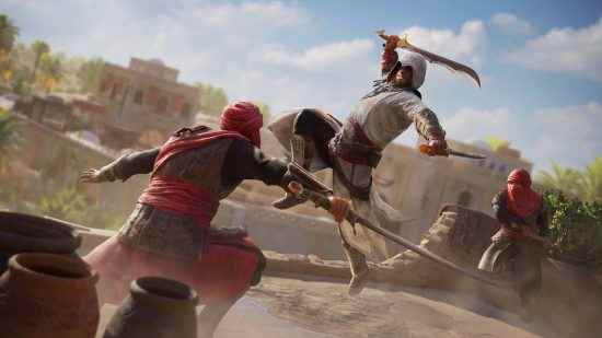 Assassins Creed Mirage: türbanlı bir adam kılıcıyla düşmanına atlıyor