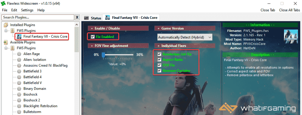 FWS Eklentileri altında üzerine tıkladıktan sonra Kusursuz Geniş Ekranda Final Fantasy VII Crisis Core