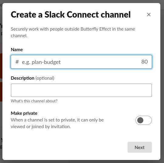 Slack Connect Kanal Oluştur penceresi.