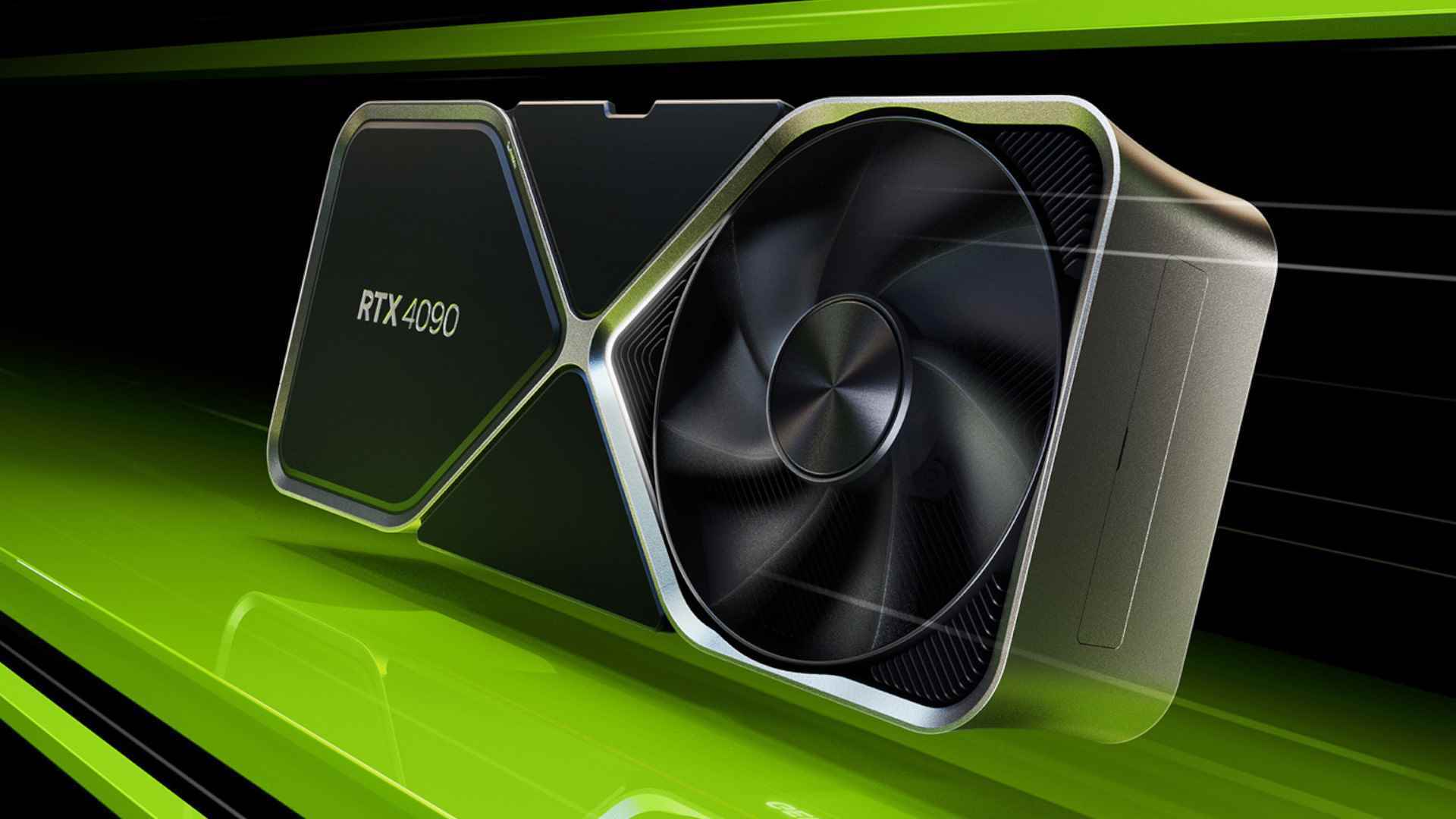 Yeşil çizgili siyah bir arka planda Nvidia GeForce RTX 4090 grafik kartı