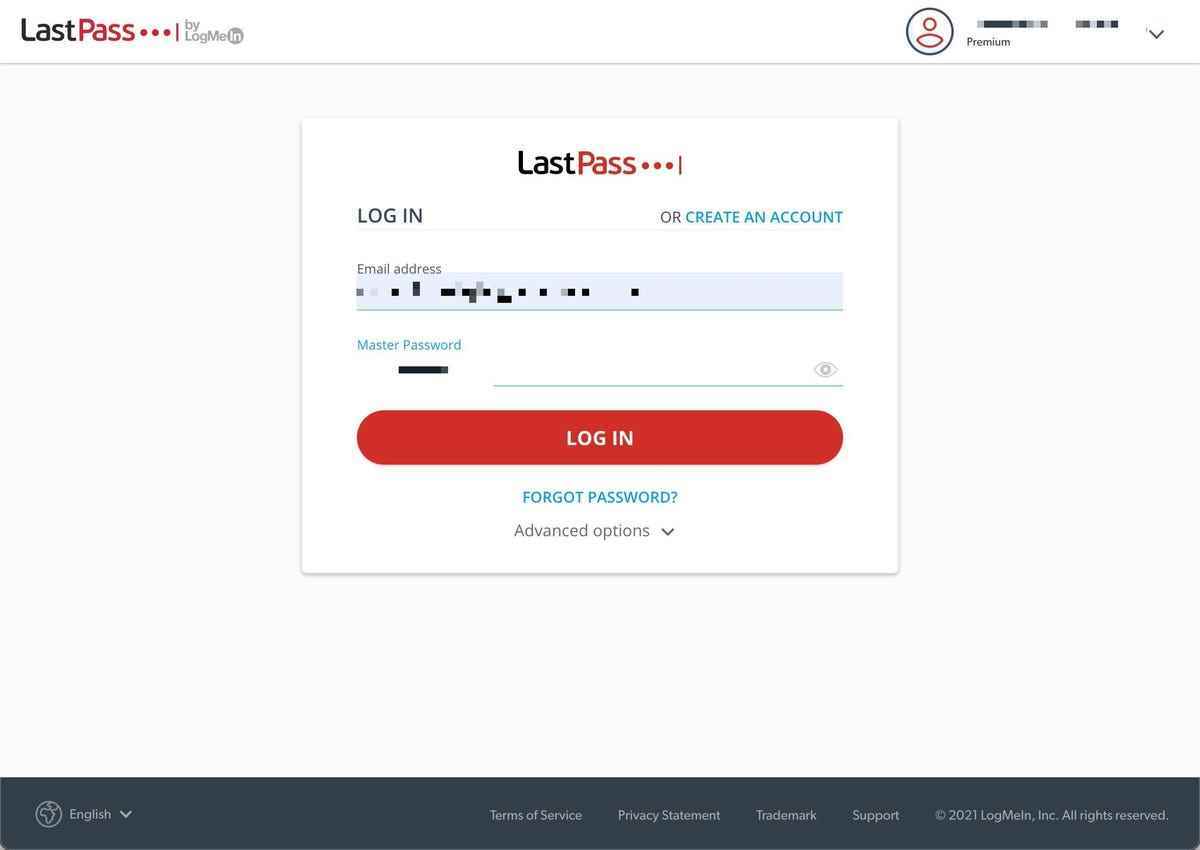 LastPass giriş ekranı