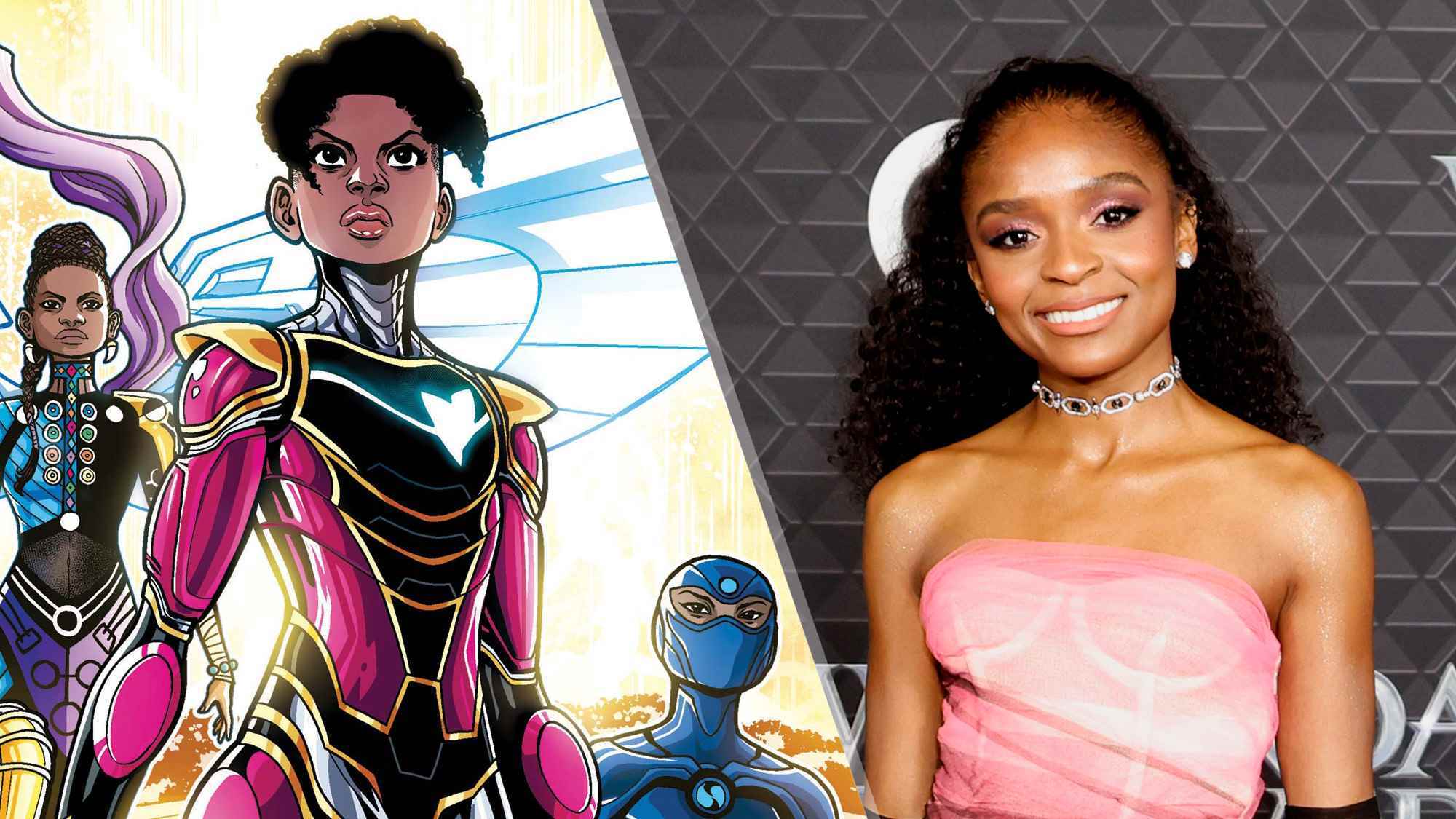 (Sol, Sağ) Çizgi romanda zırhıyla güçlü duran Riri Williams/Ironheart ve Marvel Studios'a katılan Ironheart/Riri Williams'ı oynayacak Dominique Thorne "Kara Panter: Sonsuza Kadar Wakanda" prömiyer