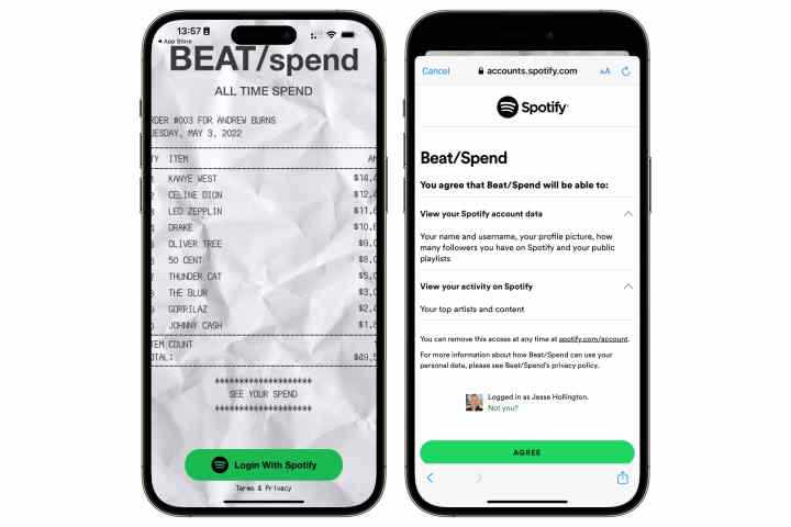 iPhone'da Beatspend oturum açma ekranları.