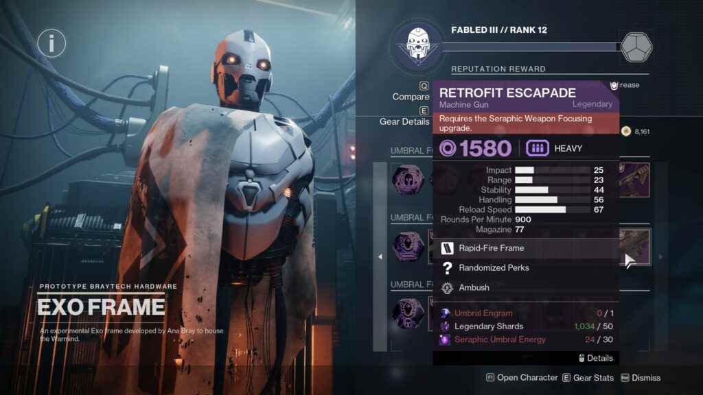 Destiny 2 Exo Frame envanter ekranı.