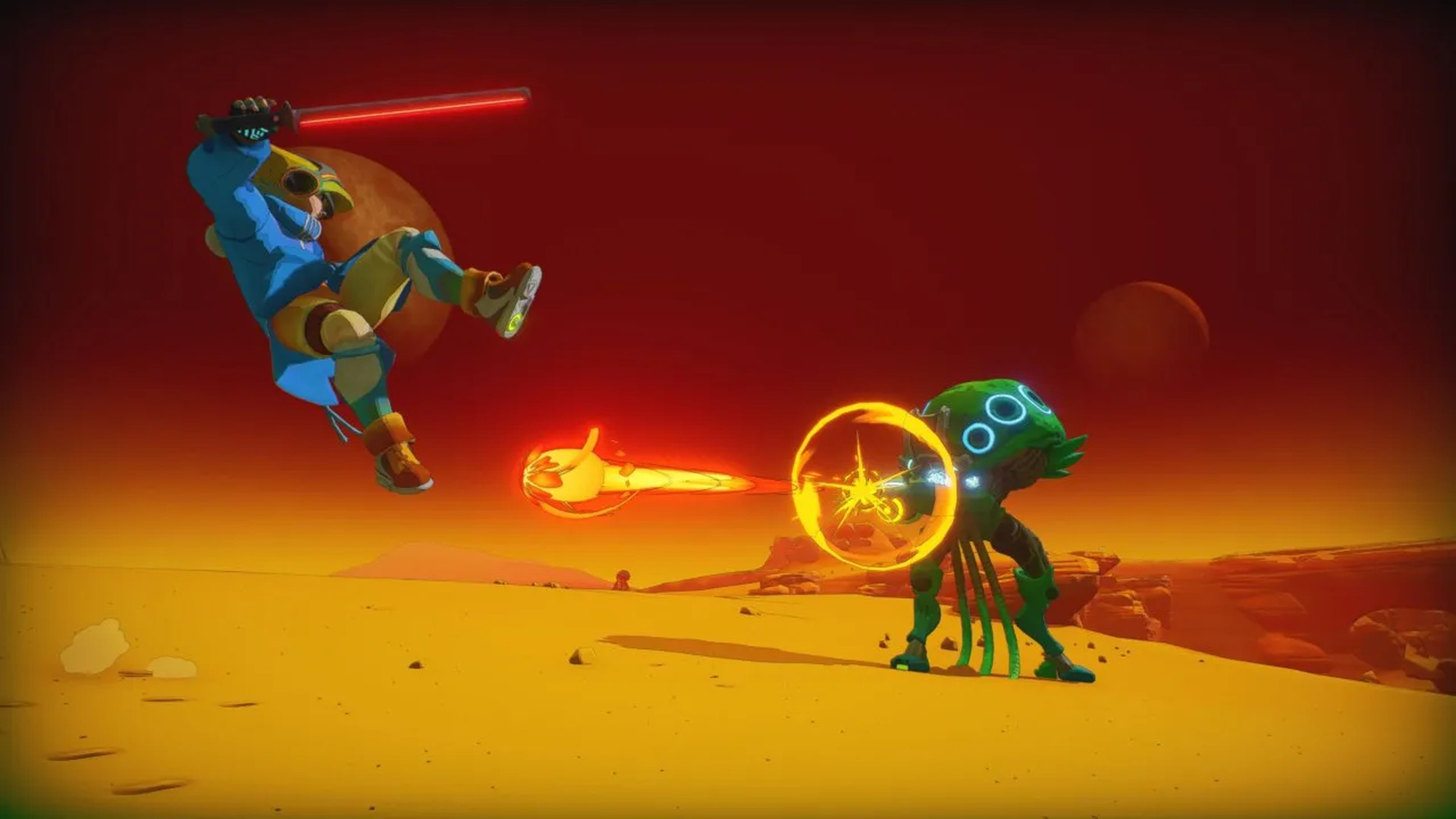 Bir insan oyuncunun kumlu bir araziye karşı denizanası benzeri bir yaratığın ateşlediği bir lazer ışınından kaçtığı PixelJunk Raiders'tan ekran görüntüsü