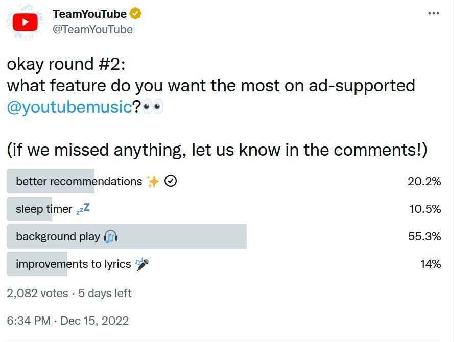 Arka planda oynatma, YouTube topluluğu üyelerinin reklam destekli YouTube Music'e eklenmesini en çok isteyeceği özelliktir - Reklam destekli YouTube Music'e eklenmesini en çok istediğiniz ücretsiz özellik için oy verin