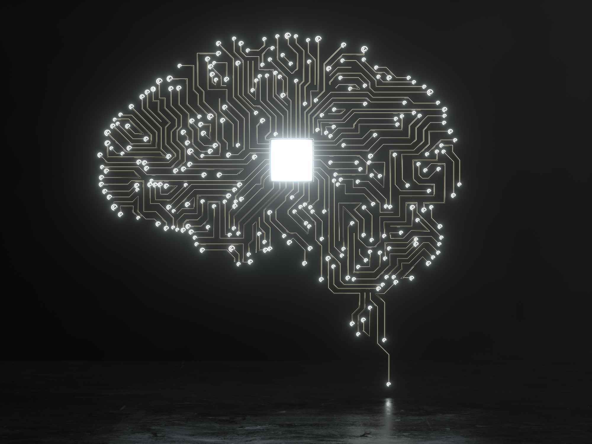 Siyah arka planda yapay zeka insan beyninin dijital görüntüsü.