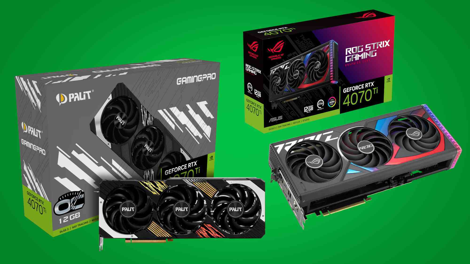 Yeşil bir arka plan üzerinde Palit ve Asus'tan iki yeni Nvidia RTX 4070 Ti GPU.