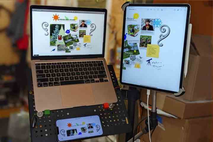 Aynı Freeform kartına sahip bir MacBook Air, iPad Pro 12,9 inç ve iPhone 13 Pro Max.