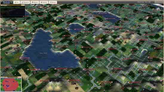 4x oyunu Freeciv'in Amerikan eyaletlerindeki şehirleri ve yeşillikleri gösteren yukarıdan aşağıya bir örnek çekimi