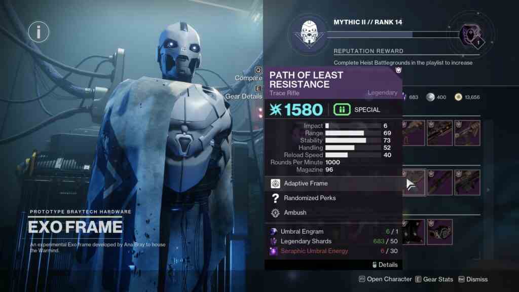 Destiny 2 Exo Frame satıcı envanteri.