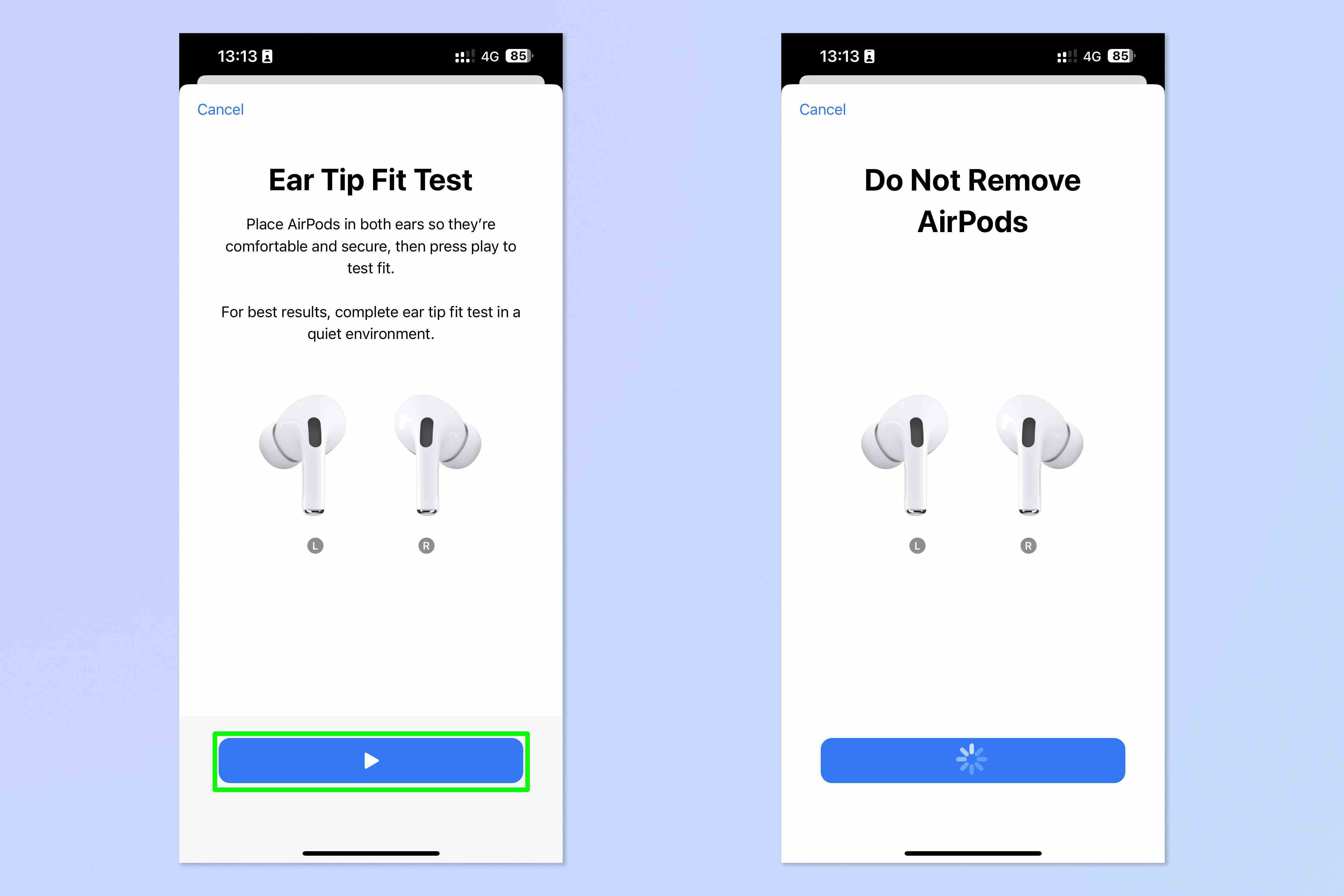 AirPods Pro için Kulak Ucu Uyum Testinin nasıl yapıldığını gösteren bir ekran görüntüsü