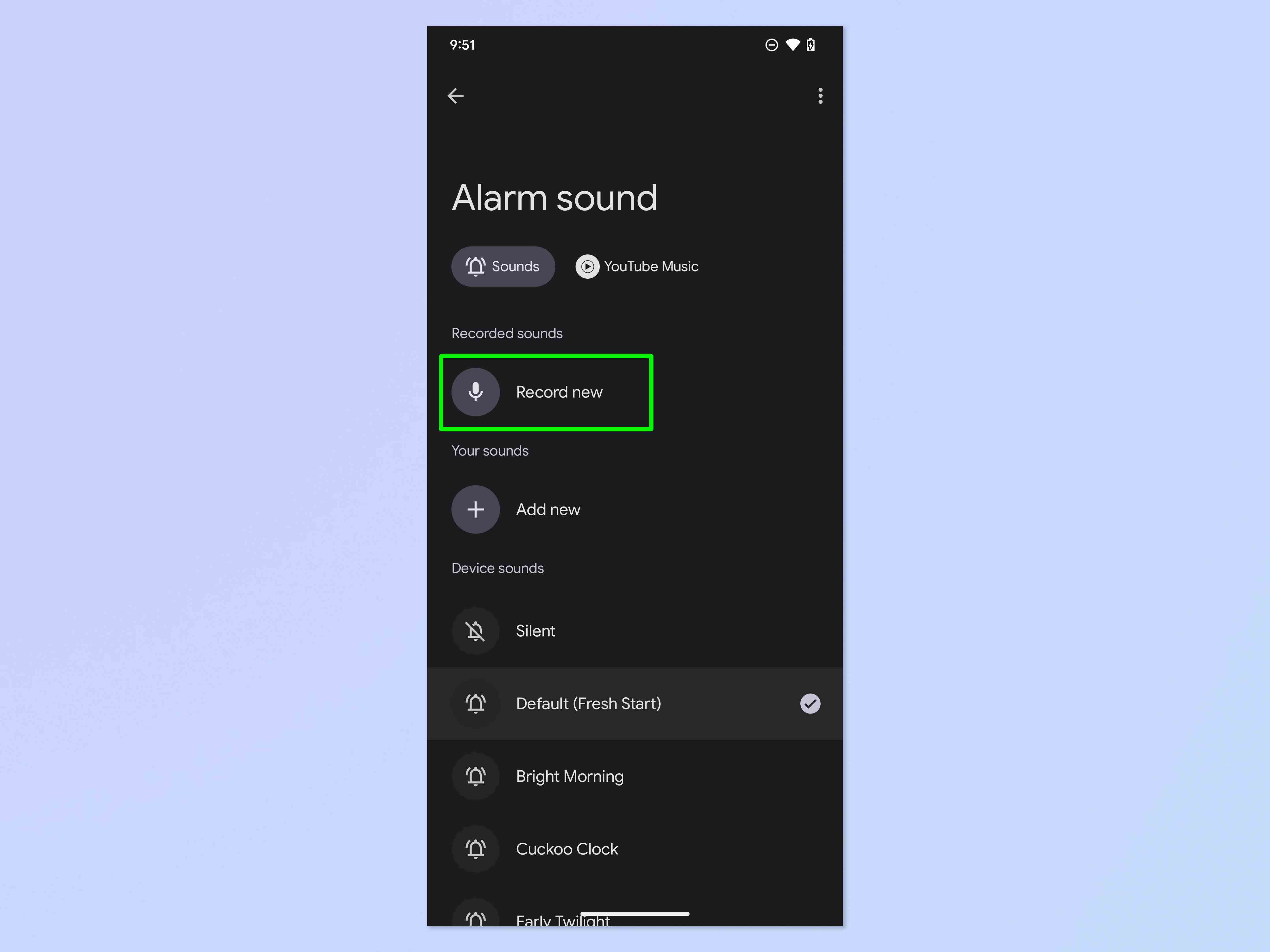 Android'de özel bir alarm sesinin nasıl kaydedileceğini gösteren bir ekran görüntüsü