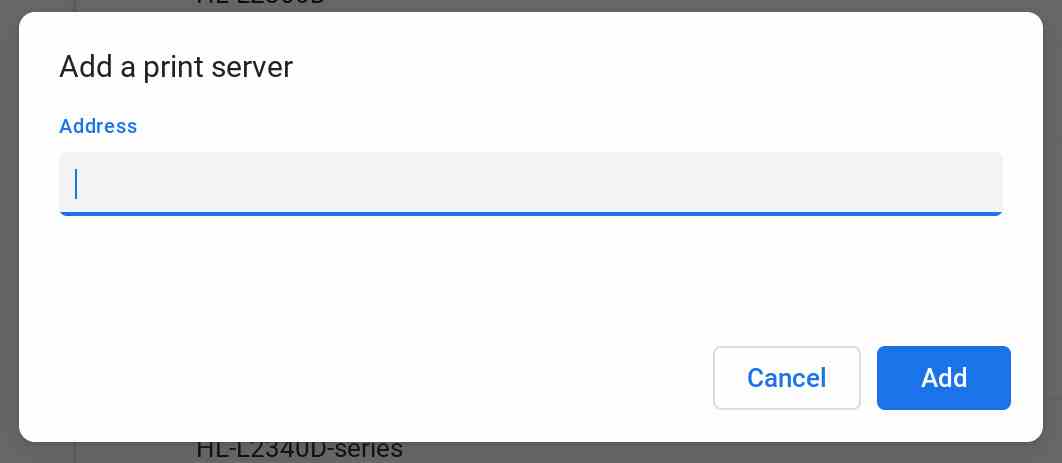 ChromeOS Yazdırma Sunucusu Ekle penceresi.