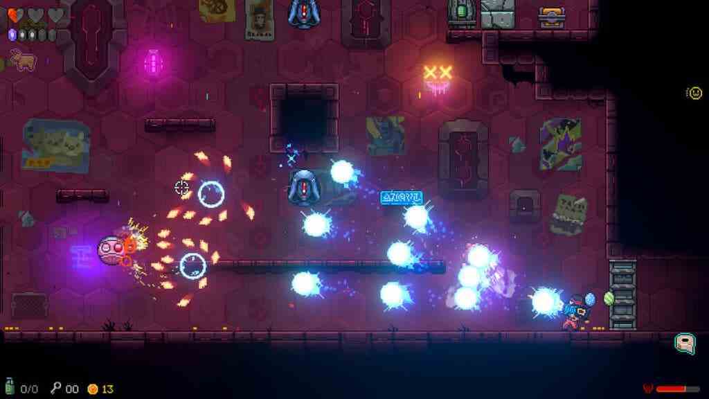 Yükseltilmiş bir silah kullanarak düşmanlarla savaşırken Hades gibi bir oyun olarak Neon Abyss özelliği.