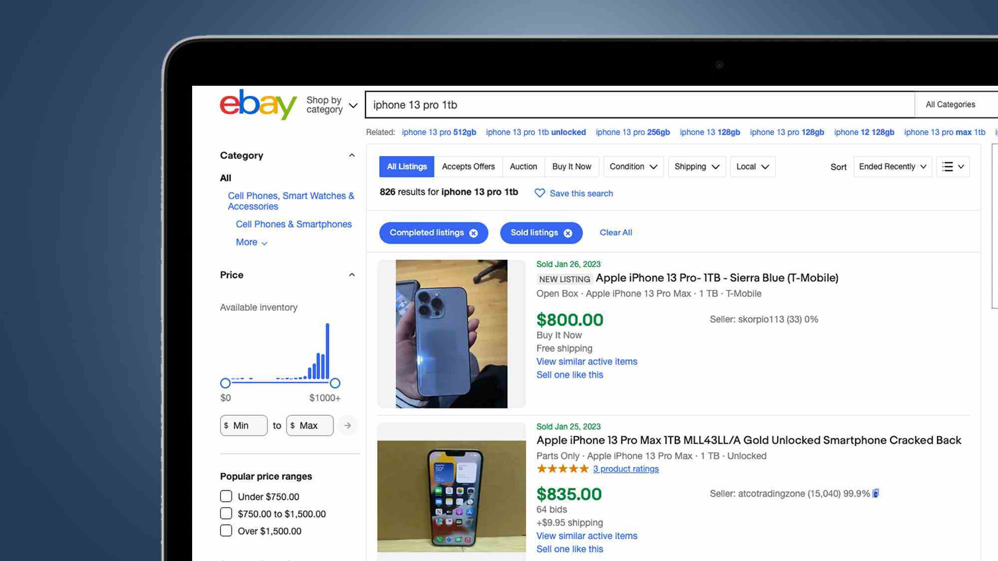 eBay'de bir iPhone 13 Pro listesini gösteren bir dizüstü bilgisayar ekranı