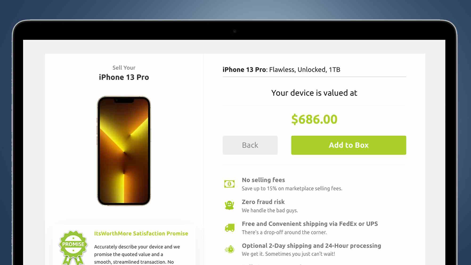It's Worth More sitesinde bir iPhone 13 değerlendirmesini gösteren bir dizüstü bilgisayar ekranı