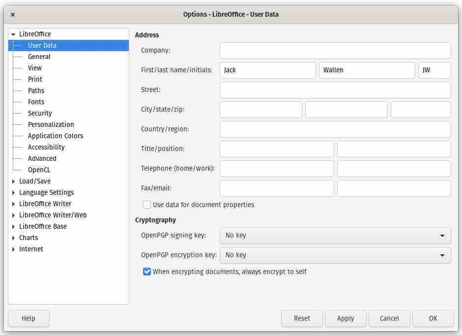 LibreOffice Seçenekleri penceresi.