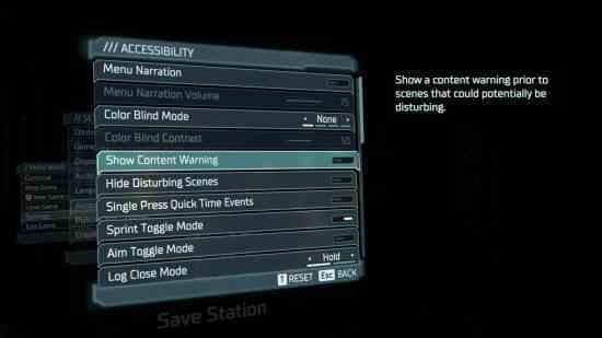 Farklı ayarları gösteren 'Erişilebilirlik' sekmesinin açık olduğu Dead Space Remake ayarlar menüsü