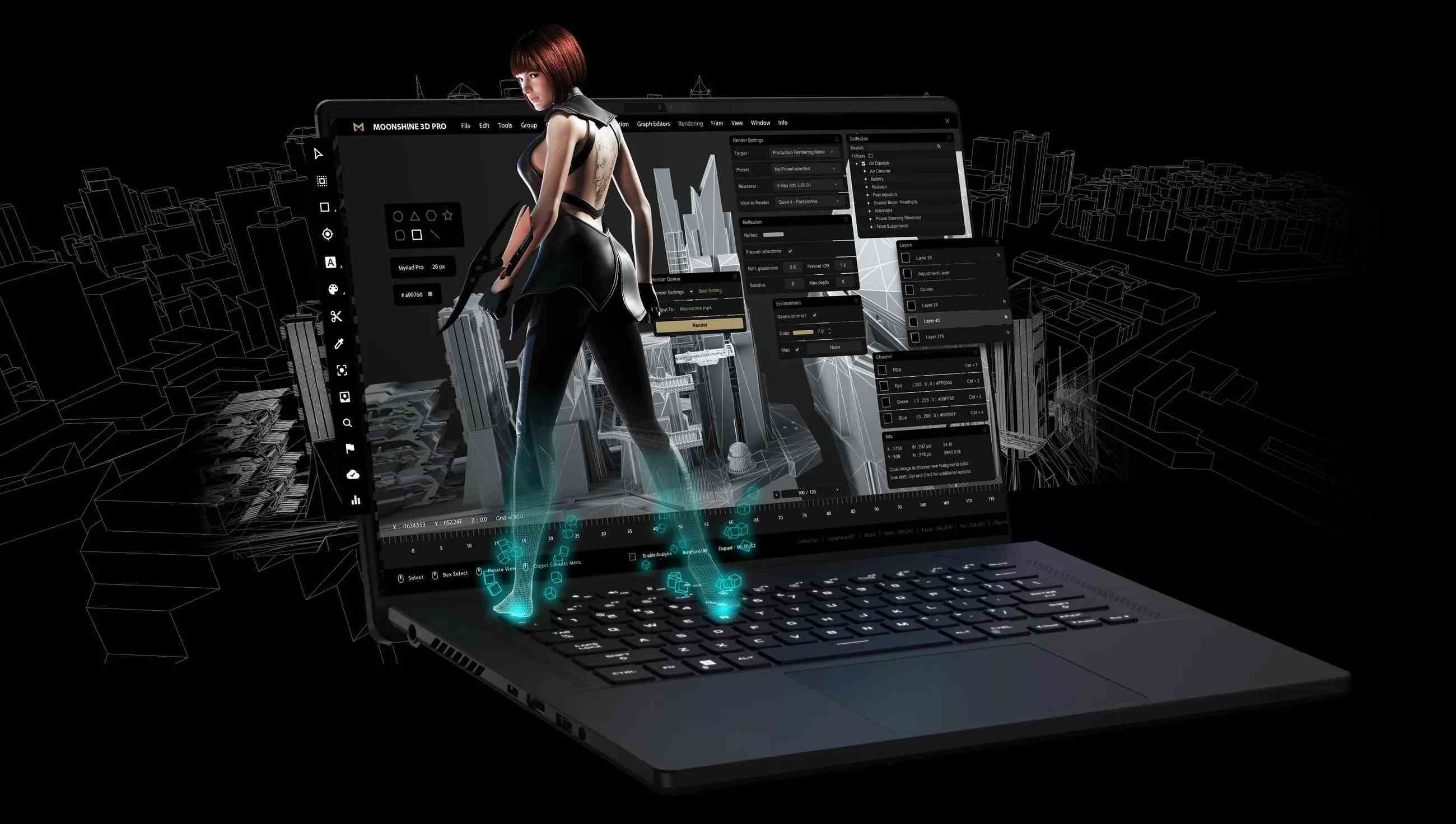 Üzerinde stilize edilmiş bir siberpunk kadının durduğu bir Asus dizüstü oyun bilgisayarı.