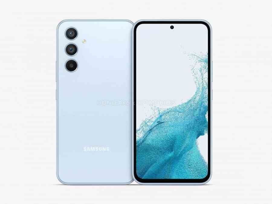 Muhteşem Mavi renkte Galaxy A54 5G'yi gösteren sızdırılmış bir tasarım görüntüsü.  Hm.  - Galaxy A54 pil kapasitesi FCC tarafından açıklandı