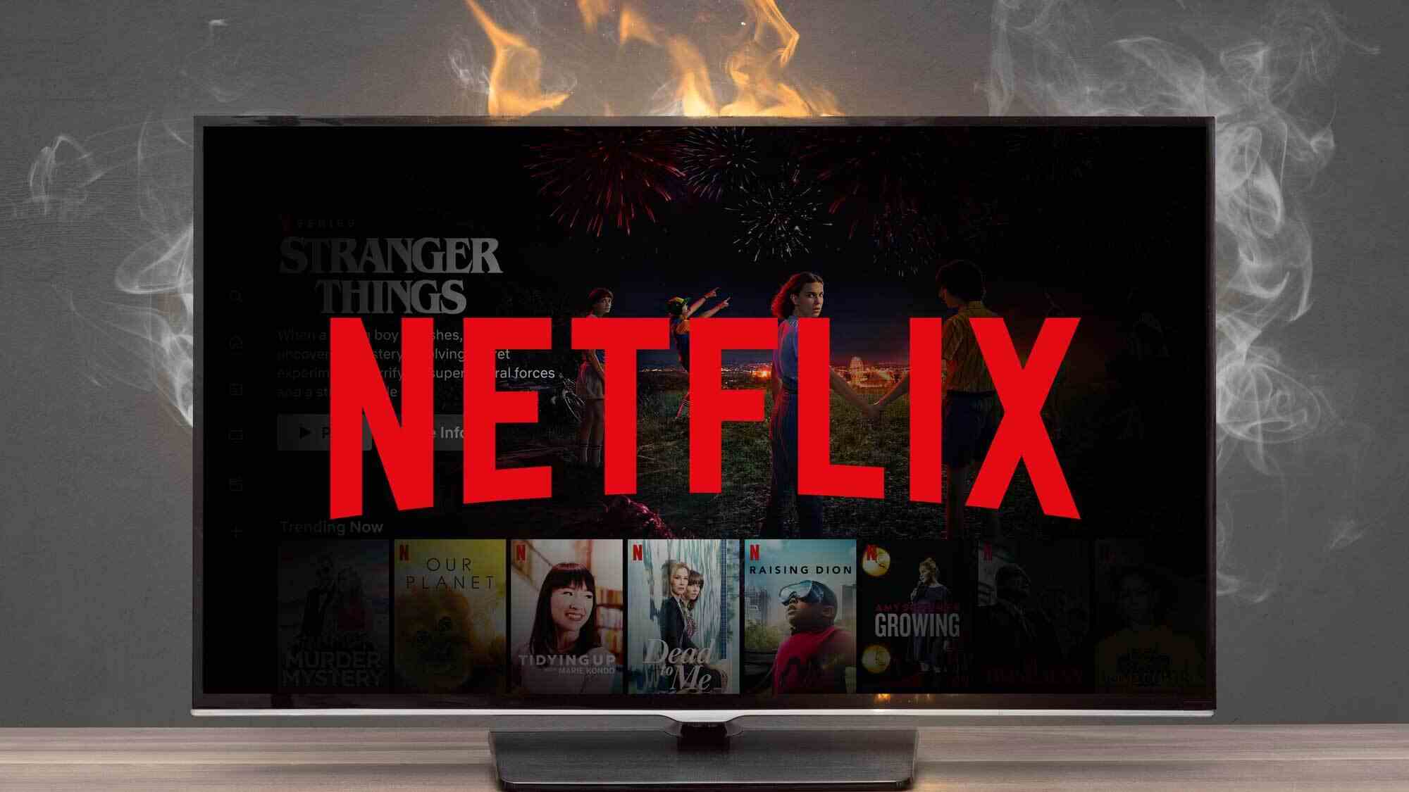 Netflix logosu ve şov sanatı olan bir TV yanıyor