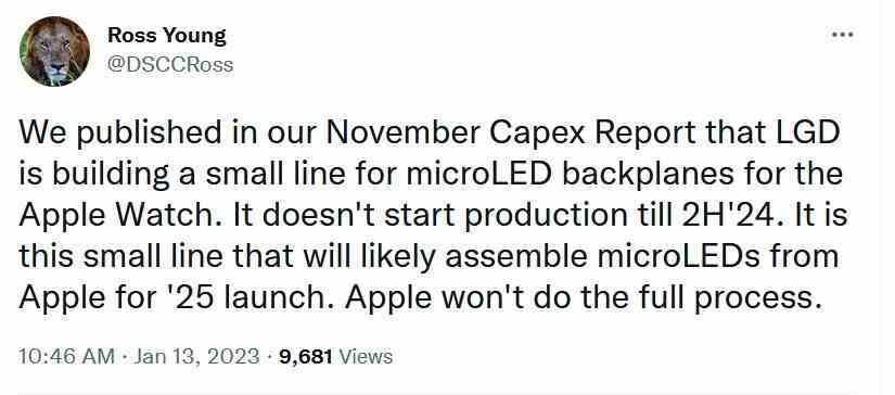 Güvenilir bilgi kaynağı Ross Young, LG'nin Apple Watch'ta kullanılacak mikro LED'ler için küçük bir üretim hattı inşa ettiğini söylüyor