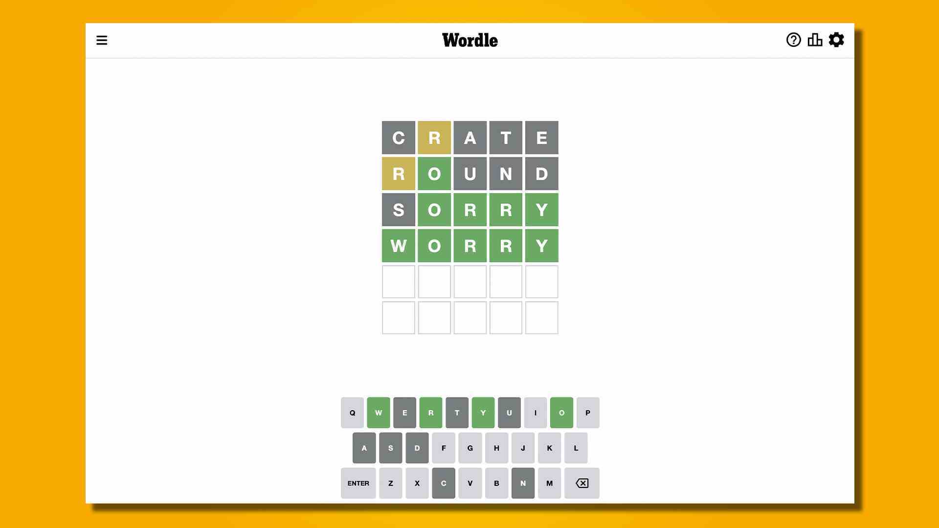 Wordle 587 yanıtı, 27 Ocak 2023, sarı zemin üzerine