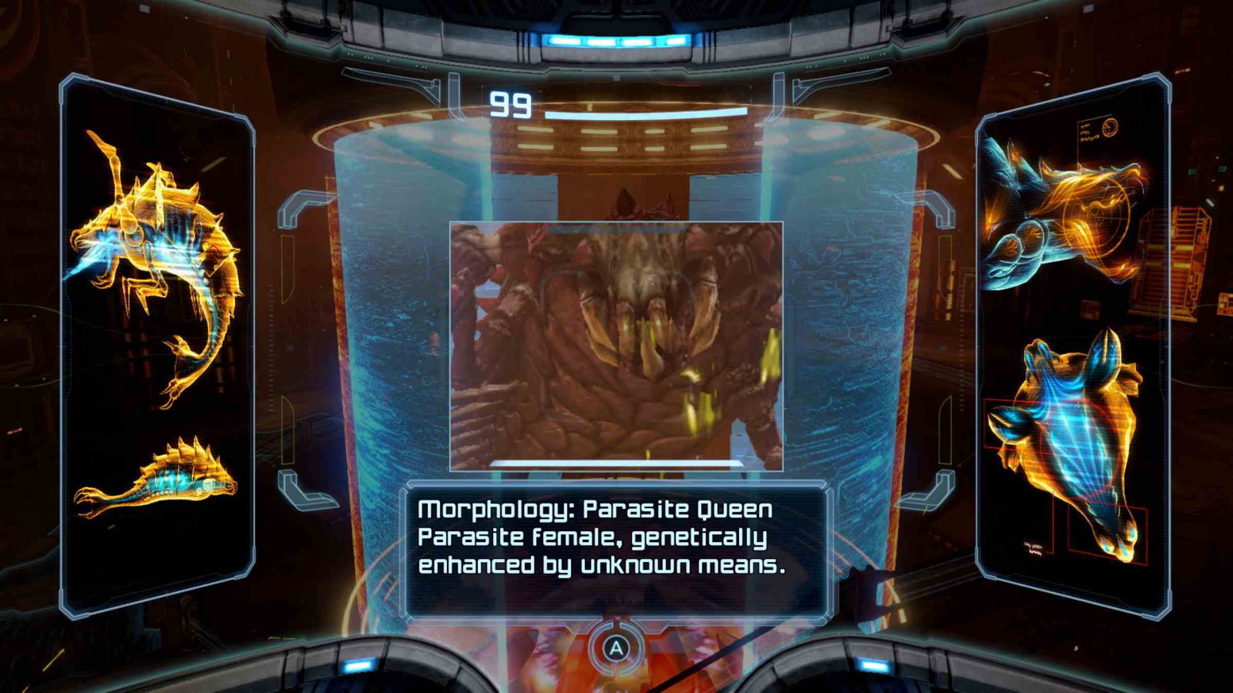 Metroid Prime Remastered'daki Parasite Queen taramasının ekran görüntüsü.