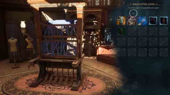 Hogwarts Legacy İhtiyaç Odası - İhtiyaç Odasındaki giysiler için yükseltme ekranı işlevi gören bir Dokuma Tezgâhı.