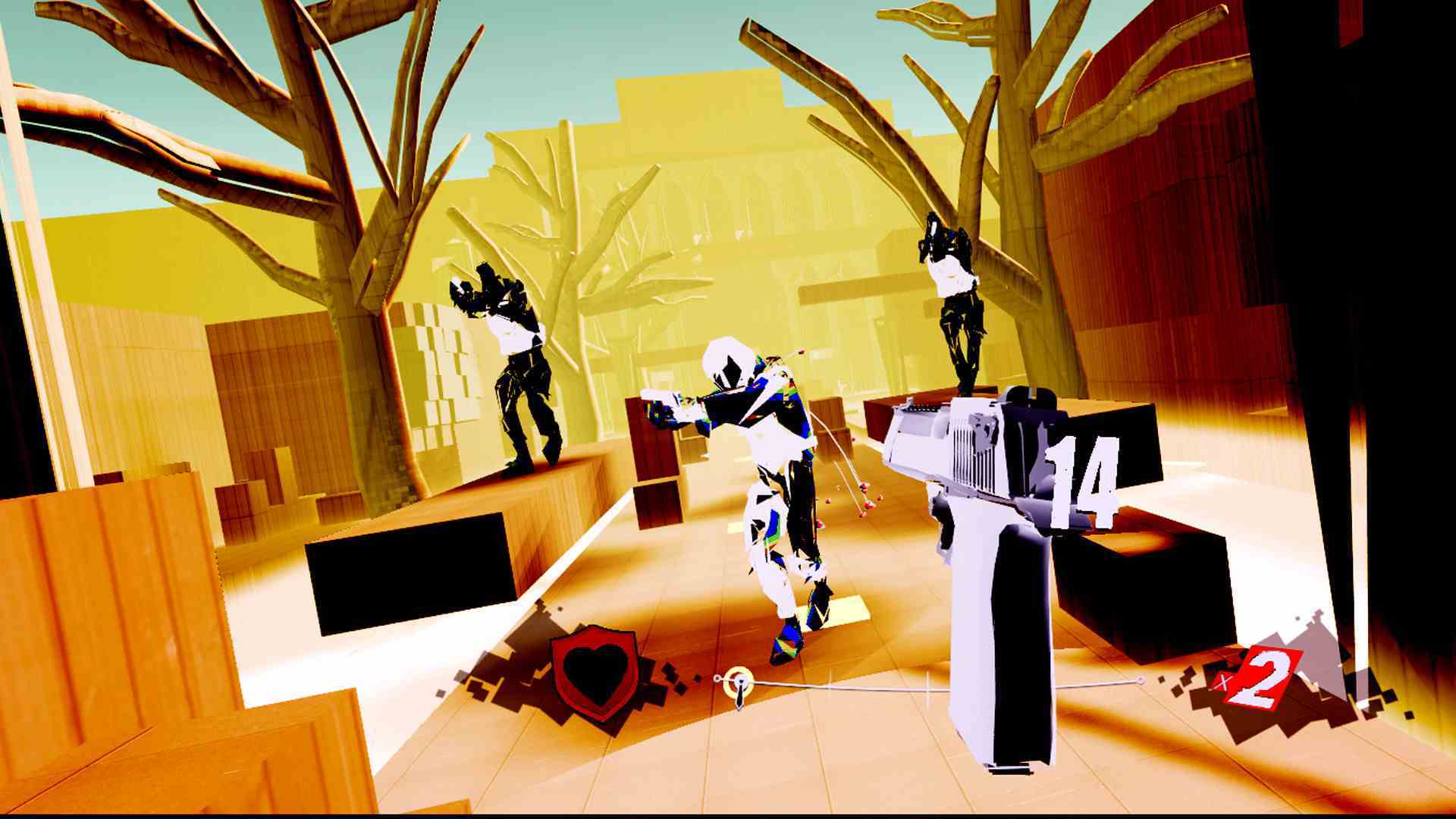 Pistol Whip'te bir grup düşman, oyuncunun karakterinin onları vurmaya hazır olduğundan habersizdir.