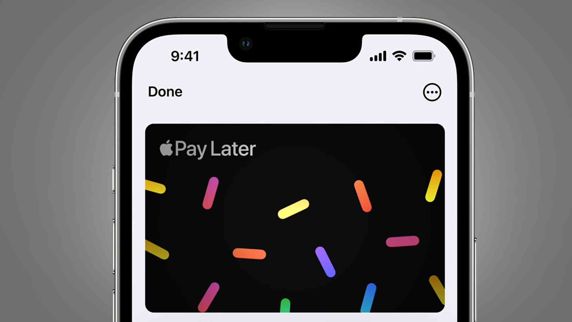 Gri arka plan üzerinde Apple Pay Later'ı gösteren bir iPhone