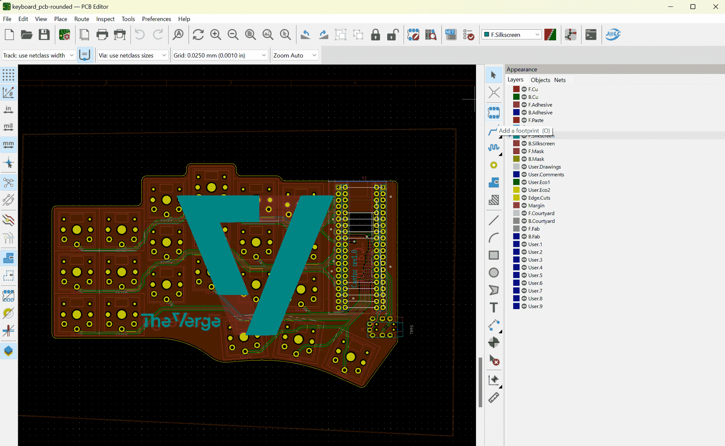 Logonuz ekleniyor.  Bu örnekte, tahtada zaten bulunan serigrafi ekranlardan bazılarını devre dışı bıraktım.