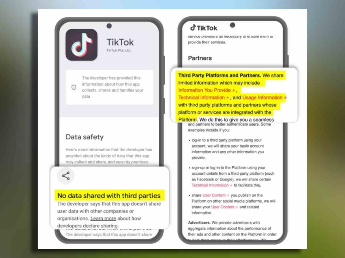 TikTok'un Play Store'daki veri güvenliği bilgileri solda, gizlilik politikası ise sağda.  - Mozilla biraz araştırma yaptı ve Google Play'in veri gizliliği etiketlerinin kötüye kullanıldığı ortaya çıktı