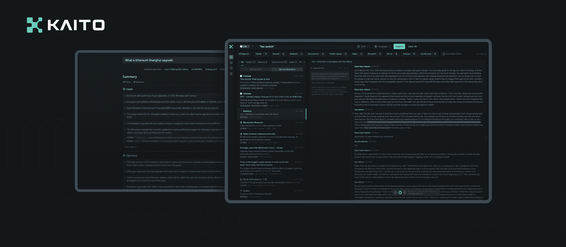 Kripto kullanıcılarının birleştirilmiş bilgileri arayabileceği Kaito AI arama motoru platformunun bir görüntüsü