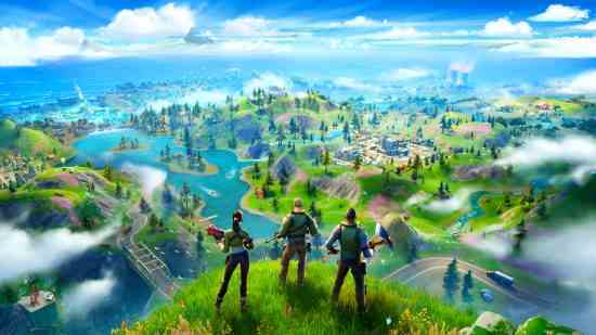 Beşinci sınıfa öğretmek için battle royale kullanan Fortnite yayıncısıyla tanışın: Battle royale oyunu Fortnite'tan karakterler yeşil bir tepenin üzerinde duruyor ve tüm haritaya bakıyor