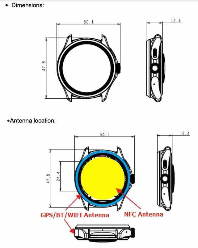 FCC raporundaki boyutlar ve anten konumları - FCC, TicWatch Pro 5'in tüm kutuları işaretlediğini söylüyor: Snapdragon W5+ çip, büyük pil ve Wear OS 3