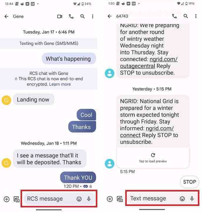 Solda, her iki taraf da Android'de RCS kullanıyor.  Sağda, taraflardan biri iPhone kullanıyor - Google "Chat"  