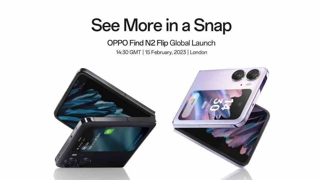 Oppo Find N2 Flip'in küresel lansmanının reklamını yapan bir pazarlama görseli