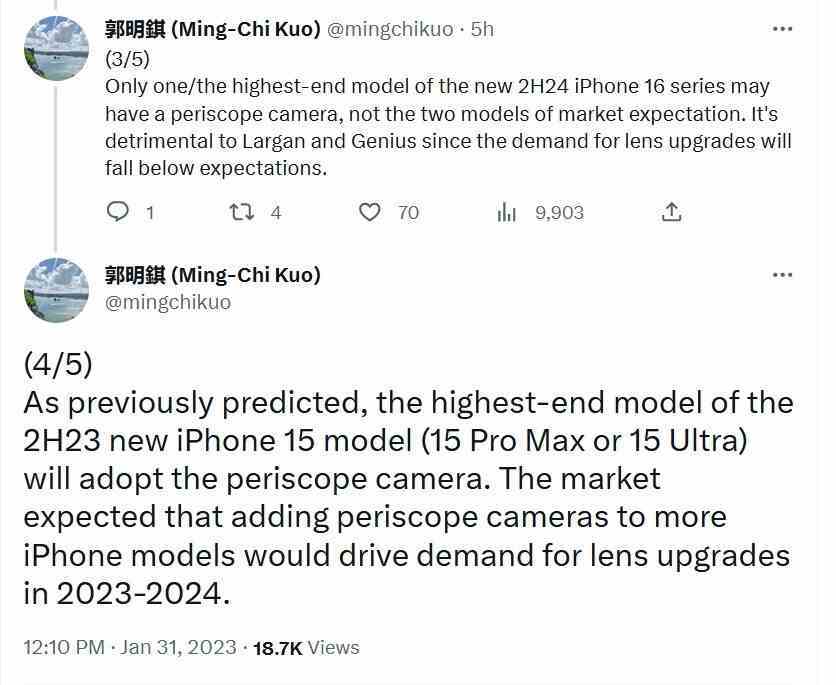 Ming-Chi Kuo, Apple'ın yalnızca iPhone 15 Ultra ve iPhone 16 Ultra modellerinde periskop kamera sunacağını söyledi - Üst düzey bir analist, Apple'ın hangi iPhone modellerinde periskop kamera olacağını sınırlayacağını söyledi