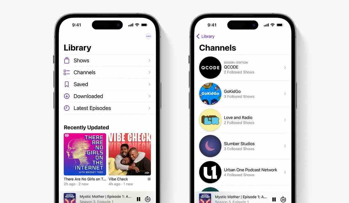 iOS 16.4'teki Podcasts uygulamasının yeni Kanallar seçeneğini gösteren ekran görüntüleri