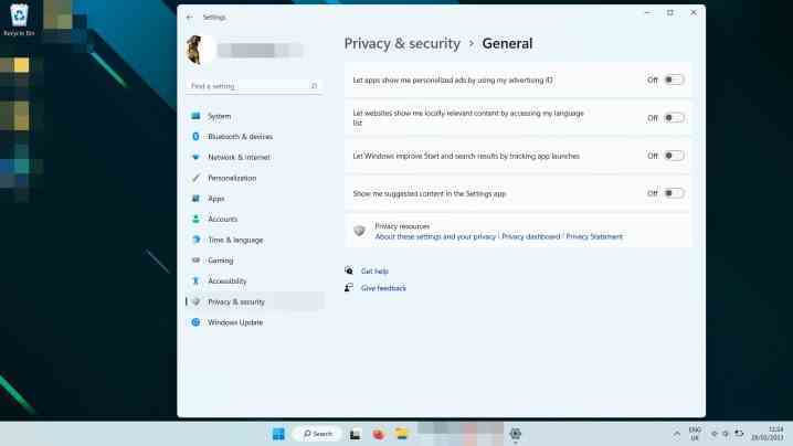 Windows 11 Gizlilik Genel ayarlar menüsü.