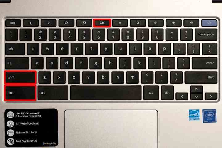 Üç tuşun kırmızıyla vurgulandığı bir Chromebook klavyesi.