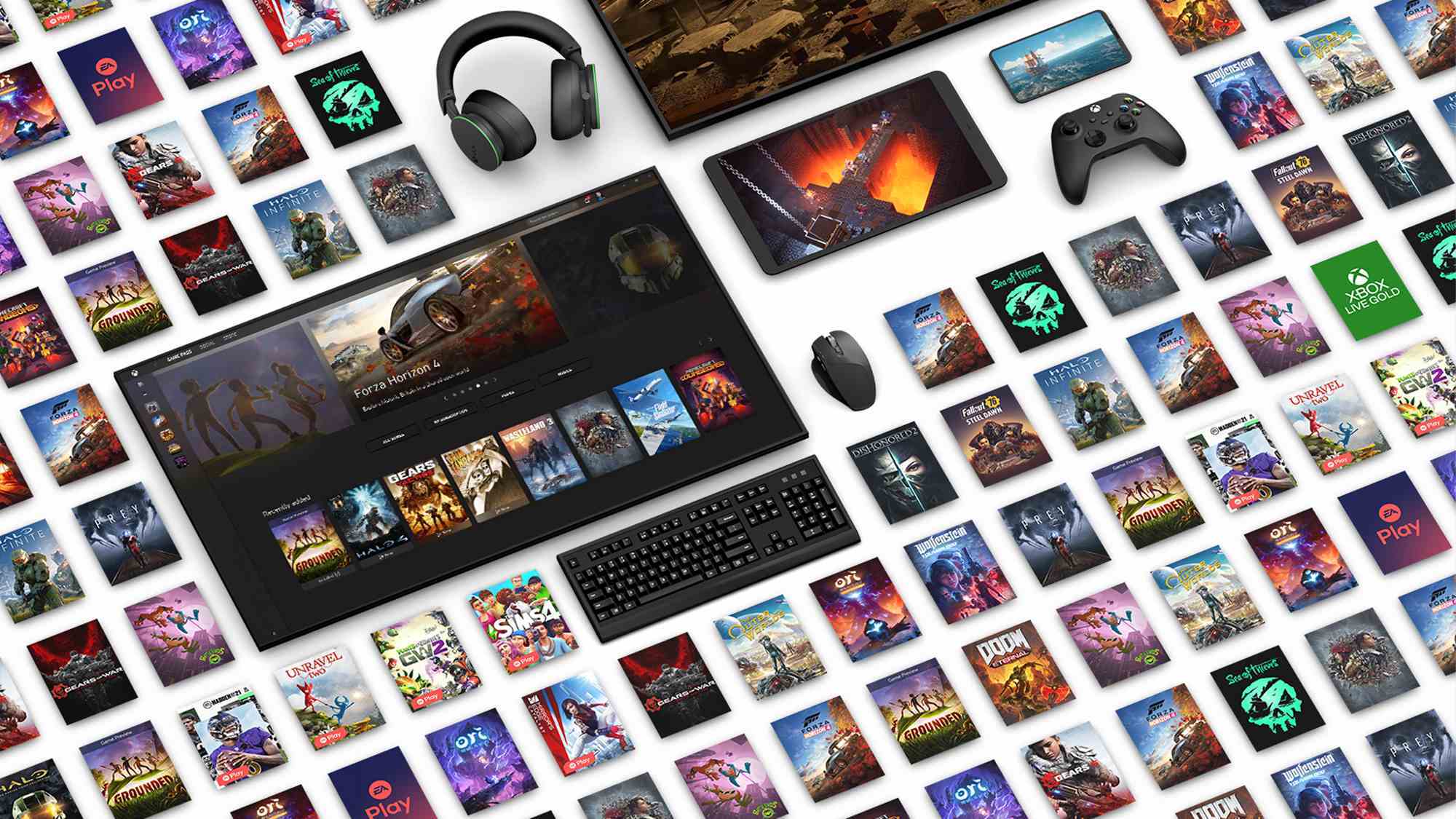 Klavye, kulaklık, Xbox kumandası ve Xbox One ana ekranıyla gösterilen Xbox bulut oyun başlıkları